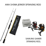 SET COMBO PANTAI BEGINNER Warna Random, AWA SHIMA JERKER SPINNING ROD + SAMURAI GAMER SPINNING REEL - 802S - 5000